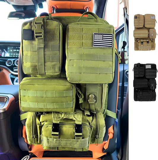 6 Pack Tactical MOLLE Car Seat Back Organizer - Universal Vehicle Storage Bag with 5 Detachable MOLLE Pouches, US Flag Patch & Keychain, Fits Jeep, Truck, SUV, Car, (Grenn)