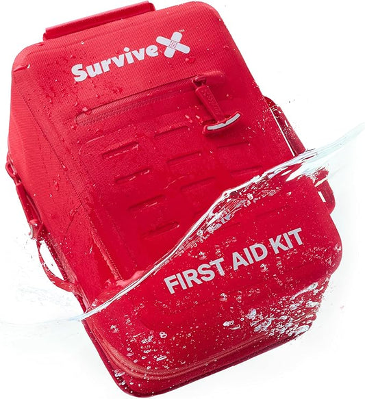 SurviveX Large Waterproof First Aid Kit for Car, Travel & Home - Emergency Kit for Hiking, Camping, Backpacking and Outdoors - Includes Zip Stitch Wound Closure Strips
