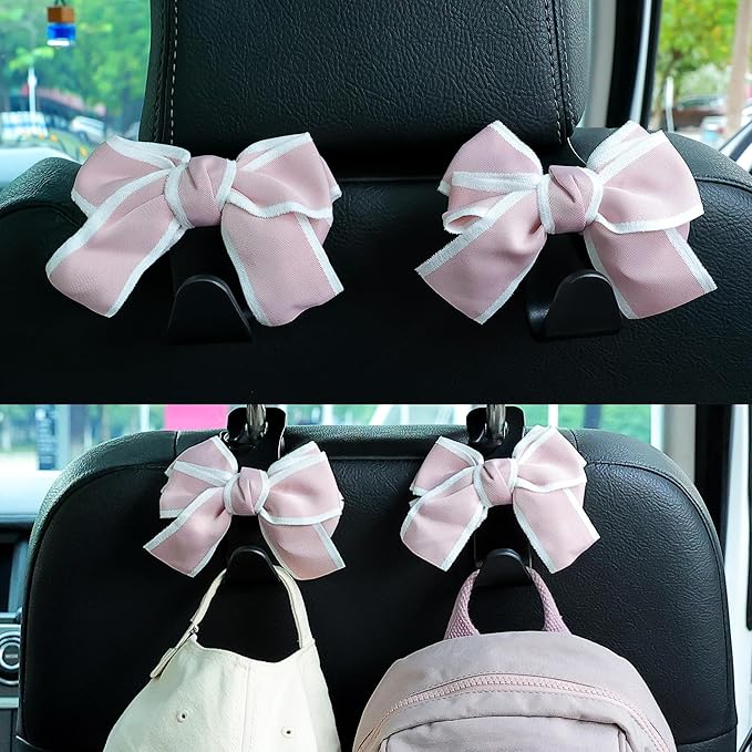 Amooca Car Seat Headrest Hook Cute Bowknot Vehicle Hanger Car Storage Organizer for Handbag Purse Coat Grocery Bag Black Pink