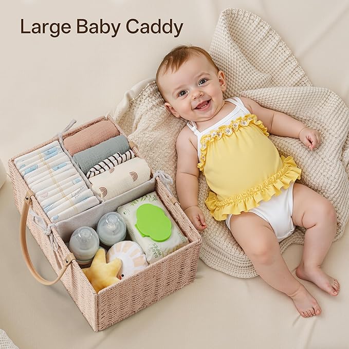 Angelhood Large Paper Rope Diaper Caddy, Baby Essentials Organizer, Portable Baby Shower Baskets Gift Bin, Car Storage Bag for Nursery