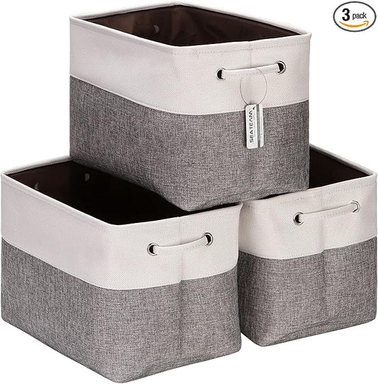 Sea Team 3-Pack Large Storage Basket Set, Trunk Organizer, Clothes Toys Bin, 15 x 10 x 10 Inches, Big Rectangular Canvas Fabric Collapsible Shelf Box with Handles for Kids Room (Grey/White)