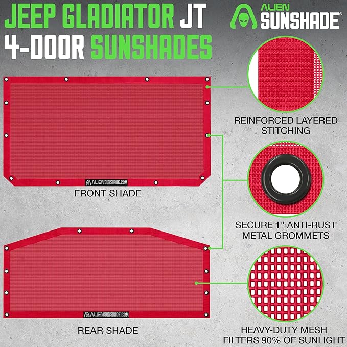 Alien Sunshade Jeep Gladiator Sun Shade Red (2018-2023) Jeep Gladiator Accessories, Front & Rear Mesh Sunshade, 4 Door Top, Reduces Wind & Noise Universal Fit