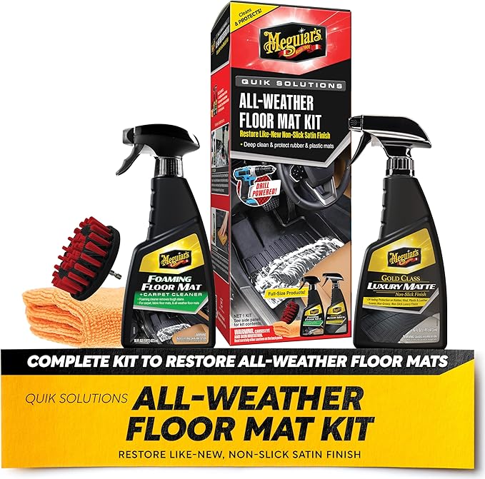 Meguiar’s Quik Solutions All-Weather Floor Mat Kit,All Weather Floor Mat Cleaner and Car Mat Protectant that Deep Cleans & Restores a Like-New Non-Slick Finish,Includes Drill Attachment, Kit