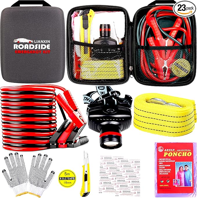 LIANXIN Car Roadside Emergency Kit,Car Safety Roadside Assistance Kit Jumper Cables, Headlamp,Tow Straps,Art Knife,Grey Automotive Emergency Kits