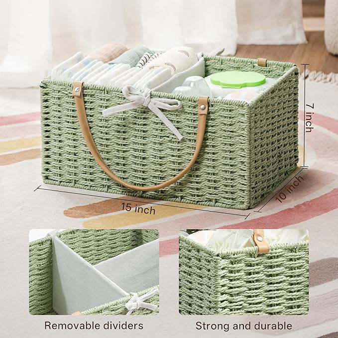 Angelhood Large Paper Rope Diaper Caddy, Baby Essentials Organizer, Portable Baby Shower Baskets Gift Bin, Car Storage Bag for Nursery