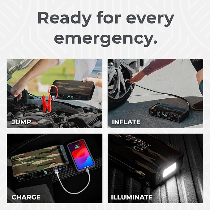 HALO Bolt Air 58830 Portable Car Battery Jump Starter | 100 PSI Air Compressor, 58.8Wh USB Power Bank, Emergency Floodlight & Charger, Jumps Cars SUVs & Trucks, Inflates Tires, TSA Approved — Camo