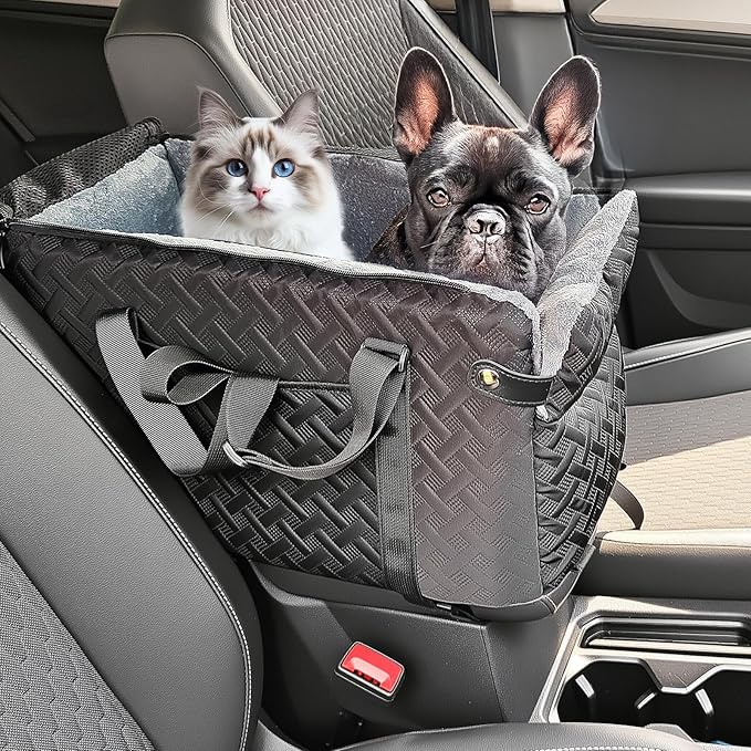 Center Console Dog Car Seat for Small Dogs,Washable Foldable Console Booster Seat for Puppy Car Seat with Safe Protection Hooks Adjustable Straps and Storage Pocket Pet