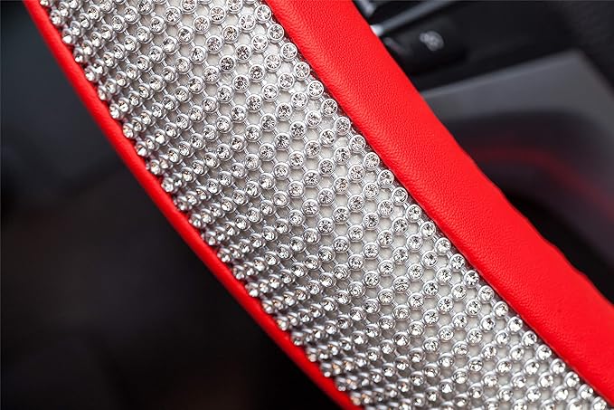 New Diamond Leather Steering Wheel Cover with Bling Bling Crystal Rhinestones, Universal Fit 15 Inch Car Wheel Protector for Women Girls Red