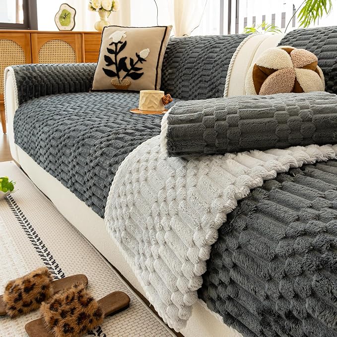 Plush Warm Sofa Covers Washable, Funny Fuzzy Couch Cover for Dogs Washable, Non-Slip Couch Covers for Sectional Sofas, Soft Sofa Slipcover for Pet & Kid(1PC, Dark Grey, 36"×94", Single Seater)