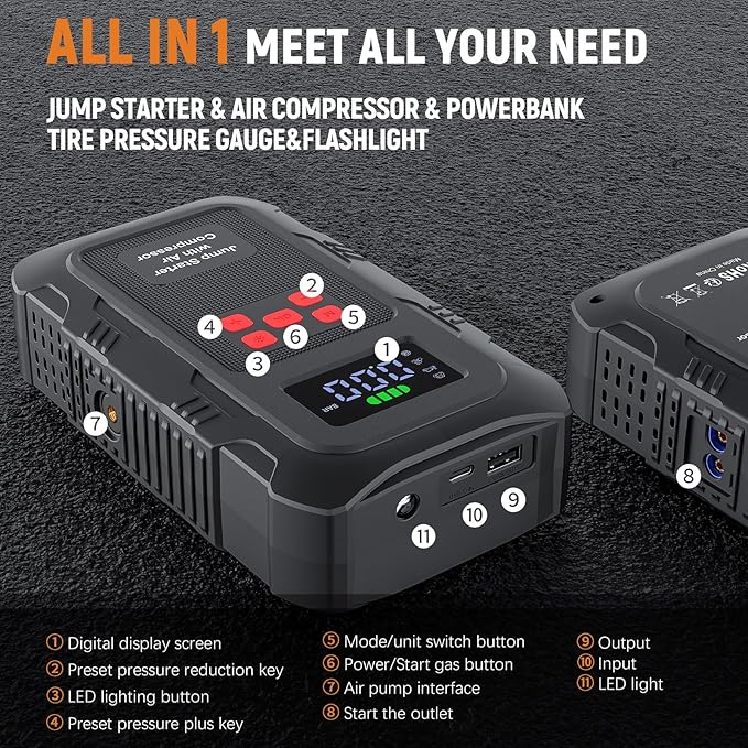 6000A Jump Starter with Air Compressor, Portable Car Battery Jump Starter with 150 PSI Tire Inflator for Up to 10.0L Gas and 8.0L Diesel Engines, 12V Jump Box with LCD Display