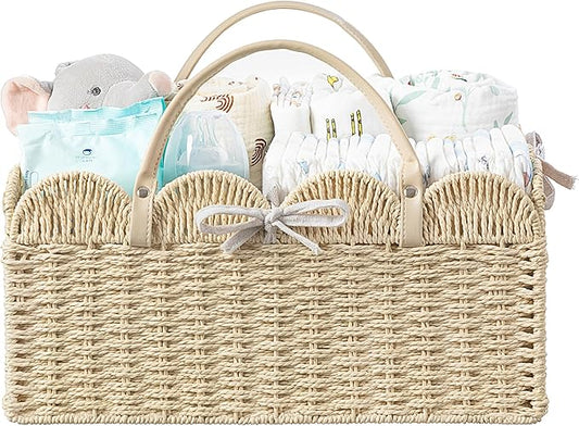 HBlife Baby Diaper Caddy, Paper Rope Storage Baskets Nursery Bin with Removable Divider, Portable Car Organizer for Diapers, Baby Shower Gifts, Newborn Essentials Must Haves