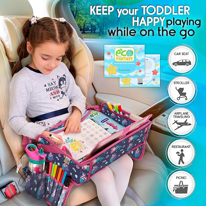 Kids Travel Tray - Waterproof Lap Table with No-Drop Large Tablet Holder - Car Seat Tray - Road Trip Essentials Kids - Car Desk Organizer for Airplane - Toddler Travel Essentials(MERMAID)
