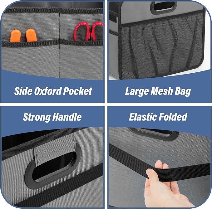 Simple Deluxe Car Trunk Organizer for SUV, Collapsible 2 Compartment 50L Automotive Storage Box with 5 Pocket, 600D Waterproof Oxford Polyester & Non Slip Bottom, Reinforced Handle, Grey, 2 Pack