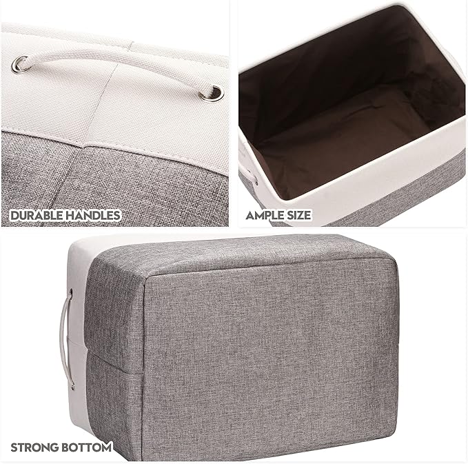 Sea Team 3-Pack Extra Large Storage Basket Set, Trunk Organizer, Clothes Toys Bin, 22 x 15 x 13 Inches, Rectangular Canvas Fabric Collapsible Shelf Box with Handles for Kids Room (Grey/White)