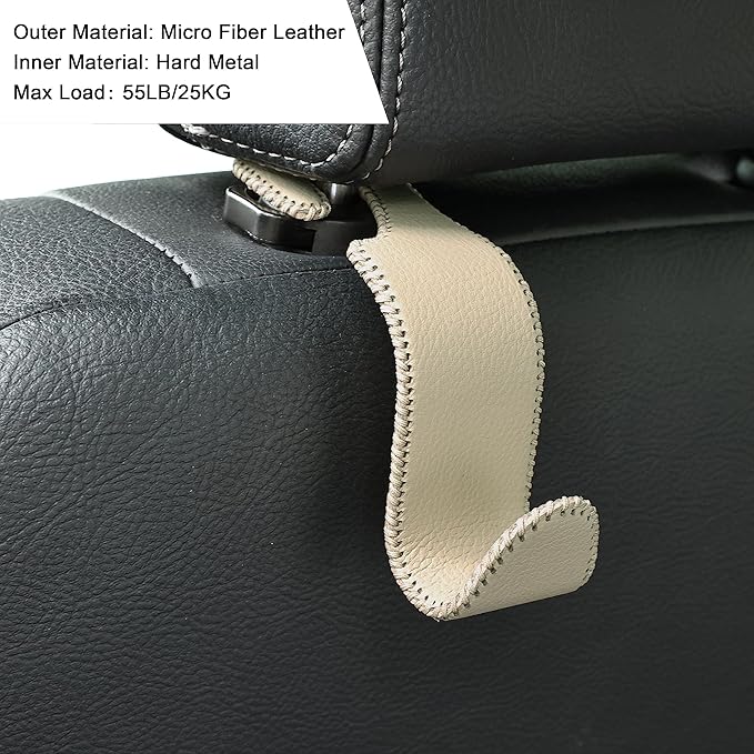 Amooca Car Seat Headrest Hook Universal Vehicle Storage Hanger Leather with Metal Car Seat Back Organizer for Handbag Purse Coat Beige 2 Pack