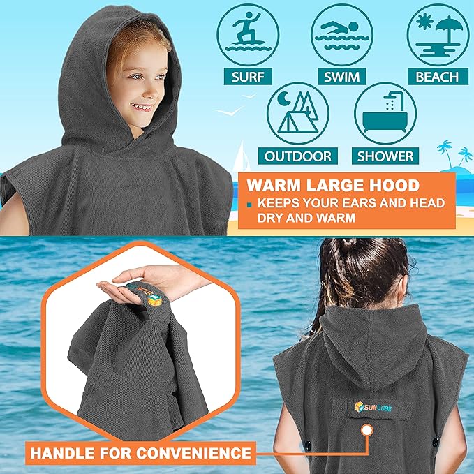 SUN CUBE Kids Changing Robe Surf Poncho, Kids Beach Towels for Teens, Microfiber Hooded Wearable Swim Towel Boys Girls Teenagers