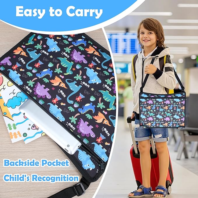 2Pcs Kids Travel Tray for Toddler Carseat, Road Trip Activities Essentials for Toddler, Kids Lap Desk Tray with Tablet Holder Stand ＆ Dry Erase Board (Dinosaur-2Pcs)