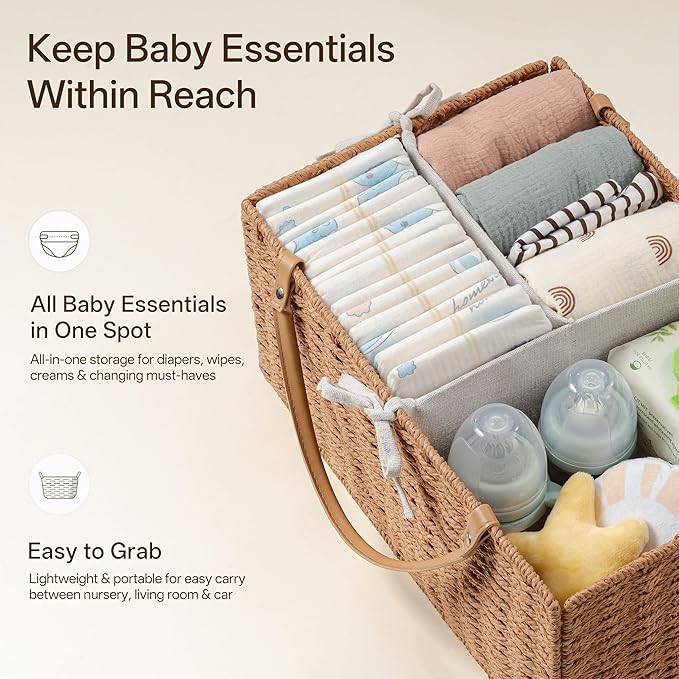 Angelhood Paper Rope Diaper Caddy, Baby Essentials Organizer, Portable Baby Shower Baskets Gift Bin, Car Storage Bag for Nursery