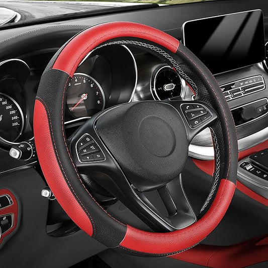 SEG Direct Car Steering Wheel Cover for Prius Civic Model 3 Model Y Camaro, Small Size 14-14.25 inch, Black and Red Microfiber Leather