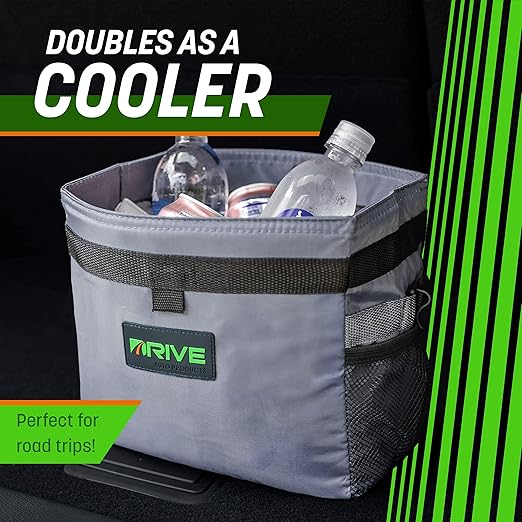 Drive - Car Trash Can - Collapsible, Leakproof Garbage Bin with Adjustable Strap and 20 Trash Bags - Car & Truck Accessories for Men and Women - Grey with Lid