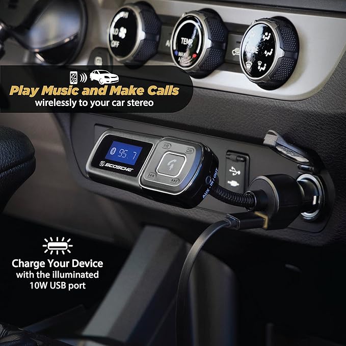 Scosche BTFM2A BTFREQ Universal Bluetooth Hands-Free Car Kit with Digital FM Transmitter and 10-Watt USB Car Charger, Stream Smartphone Audio