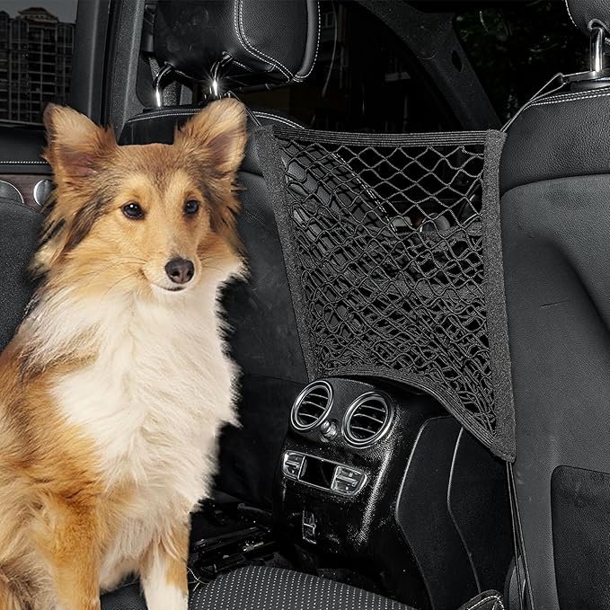 3 Layer Car Mesh Organizer Between Front Seats, Pet Dog Kid Net Barrier Car Net Pocket Elastic Storage Bag Tissue Purse Holder for SUV Truck Van, 15.7 x 13.7 Inch
