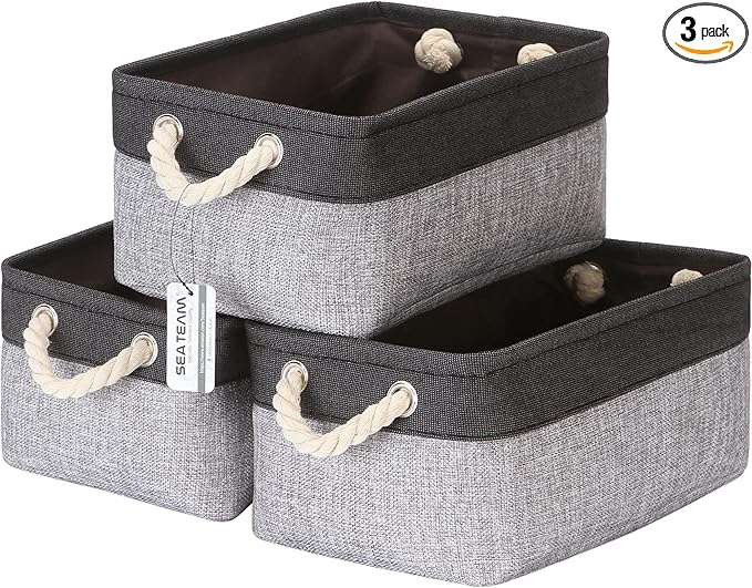 Sea Team 3-Pack Small Storage Basket Set, Storage Cube Organizer, Storage Bins, 12 x 8 x 5 Inches, Rectangle Canvas Fabric Collapsible Shelf Box with Handles for Kids Room (Grey/Black)