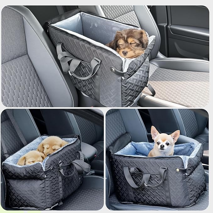 Center Console Dog Car Seat for Small Dogs,Washable Foldable Console Booster Seat for Puppy Car Seat with Safe Protection Hooks Adjustable Straps and Storage Pocket Pet