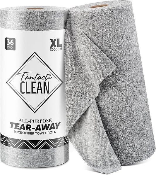 Fantasticlean Tear-Away Microfiber Cleaning Cloth Roll, 12'' by 12''- 36 Sheets, Thick & Large Detailing Towels, Ultra Absorbent, Lint-Free Reusable Wipes for Home, Car or Outdoor (Glossy Grey)
