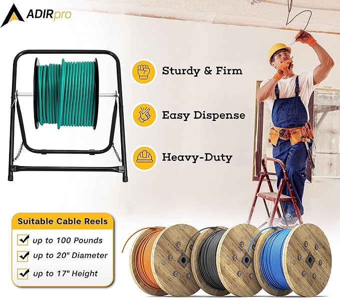 AdirPro Single Axle Cable Reel Caddy | Industrial Steel Wire Dispenser | Holds Reels Up to 20" Diameter & 100 lb Capacity | Black