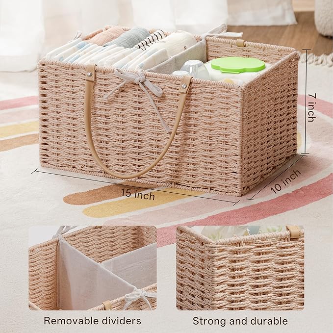 Angelhood Large Paper Rope Diaper Caddy, Baby Essentials Organizer, Portable Baby Shower Baskets Gift Bin, Car Storage Bag for Nursery