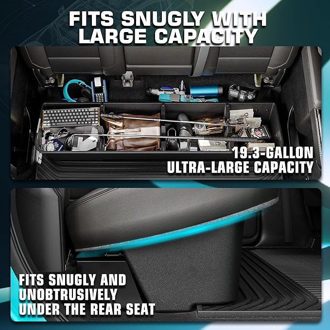 Black Rear Underseat Storage Custom Fit 2019-2026 Chevrolet Silverado and GMC Sierra 1500 2500 3500 HD Double Cab & Crew Cab Heavy Duty Rear Under Back Seat Box Organizer, Anti Slip