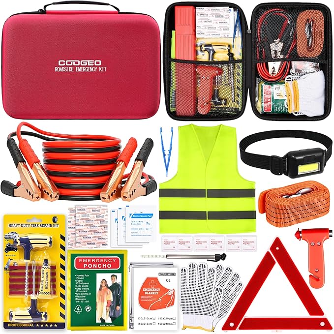 COOGEO 15PC Car Emergency Kit with Jumper Cables, Roadside Assistance Safety Kit for Auto & Truck, Includes Safety Hammers, Tow Strap, Warning Triangle, First Aid, Gifts for Young Men or Women,Red