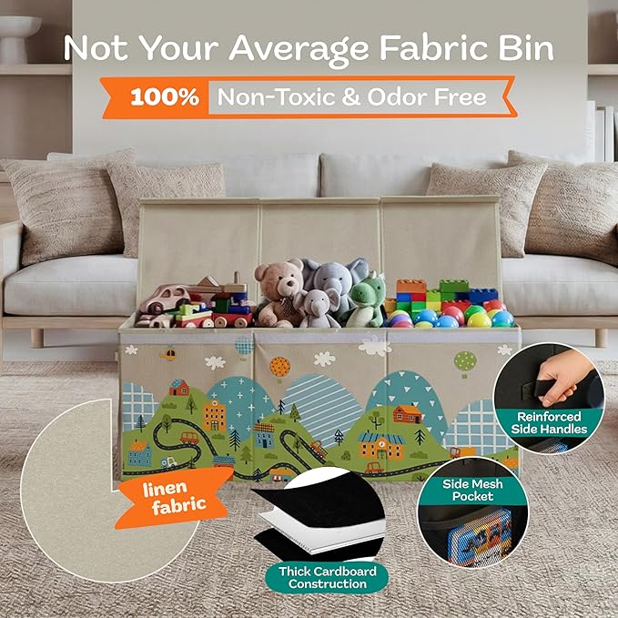 Extra Large Toy Storage Organizer with Lid - Sturdy, Collapsible Toy Chest Storage Box with Cute Design - Toys Bin with Dividers for Kids, Boys, Girls, Nursery, Bedroom, Play room 37"x16"x14"
