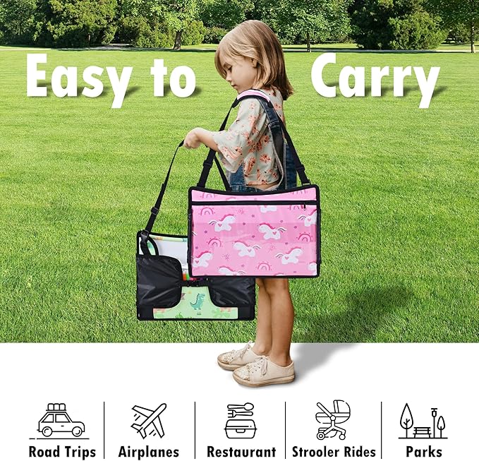 Kids Travel Tray for Toddler Car Seat, Road Trip Activities for Kids with iPad Holder Stand & Dry Erase Board, Road Trip Essentials Accessories Lap Tray as Travel Gifts for Kid, 2PC