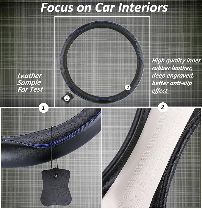 Car Steering Wheel Cover, Anti-Slip, Safety, Soft, Breathable, Heavy Duty, Thick, Full Surround, Sports Style (Black Blue)