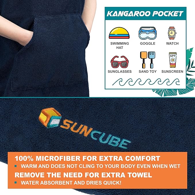 SUN CUBE Kids Changing Robe Surf Poncho, Kids Beach Towels for Teens, Microfiber Hooded Wearable Swim Towel Boys Girls Teenagers
