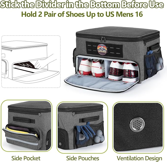 Golf Trunk Organizer Storage with Separate Compartment for 2 Pair Shoes Up to US Mens 16, Golf Car Locker Organizer for Balls, Tees, Clothes, Gloves, Accessories, Grey