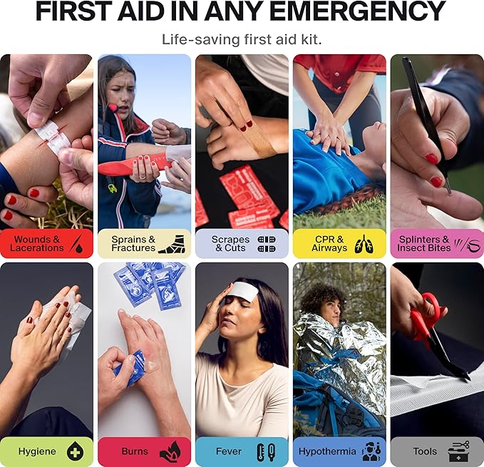 SurviveX Large Waterproof First Aid Kit for Car, Travel & Home - Emergency Kit for Hiking, Camping, Backpacking and Outdoors - Includes Zip Stitch Wound Closure Strips
