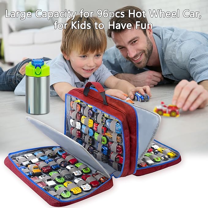 KISLANE 96 Toy Cars Storage Case Compatible with Matchbox Cars, Matchbox Cars Organizer Storage for Mini Toys, Toy Cars, Matchbox Cars, Small Dolls(Bag Only) (Red)