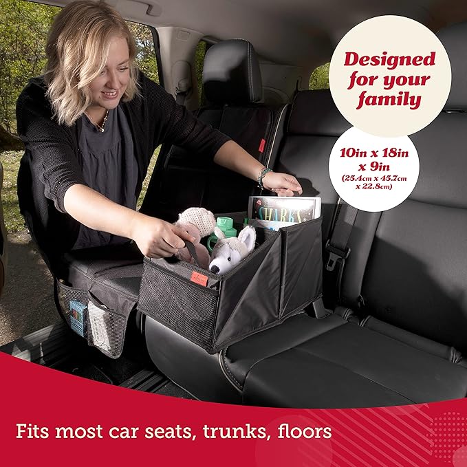 Lusso Gear 9-Compartment Car Seat Organizer with Cup Holders - For Front, Back, Passenger Seats, Truck and Van (Black w Red Stitch)