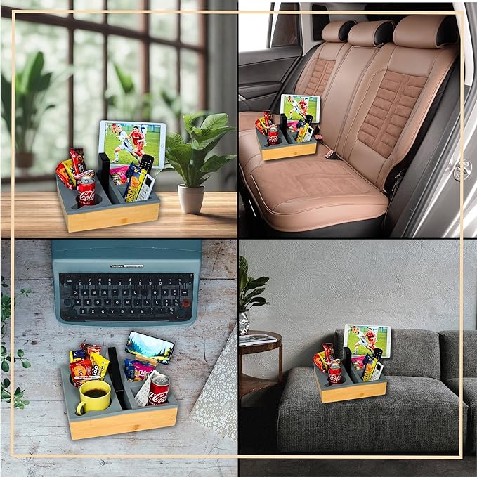 Couch Cup Holder Tray, Versatile Silicone Bamboo Caddy With Adjustable Phone Holder for Bed, Car Seat Organizer and Sofa Waterproof Anti-spill Cup Holder for Snack,Remotes and Drinks (Grey)