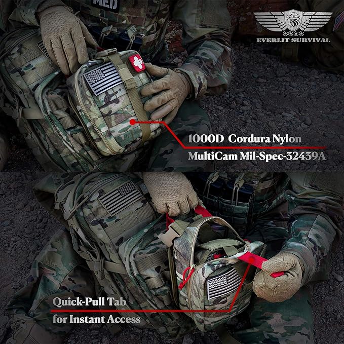 EVERLIT Advanced Trauma Kit, CAT GEN-7 Tourniquet, TCCC Compliant, Mil-Spec Nylon Laser Cut Pouch with 36" Splint, Military Combat Tactical IFAK for Emergency Bleeding Control