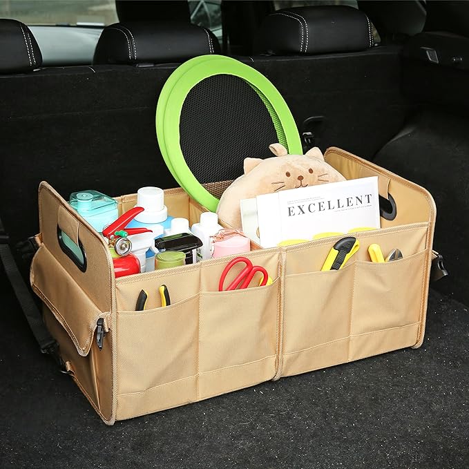 Car Trunk Organizer Car Storage Organizer Collapsible Multi Compartment Car Organizer Adjustable Straps Car Organizer for SUV(Ginger)