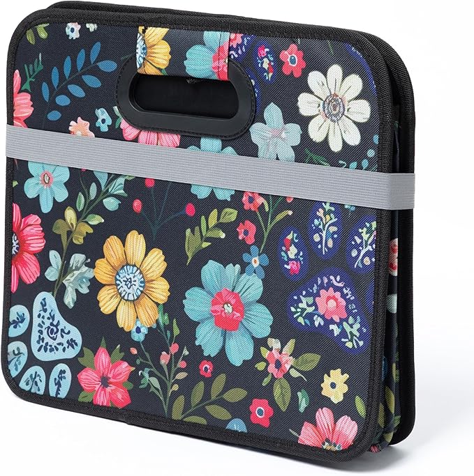 Paws Car Trunk Organizer Foldable Storage Bin with Handles Non Slip Base Pet Gear Travel Tote for SUV Truck (Floral Pawscape)
