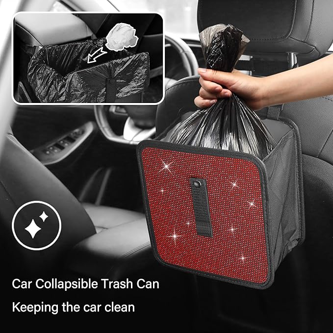 Foldable Trash Cans with Rhinestone, Bling Car Bin for Seat Organizer & Decorations, Universal Bling Accessories for Most SUVs, Trucks (Red)