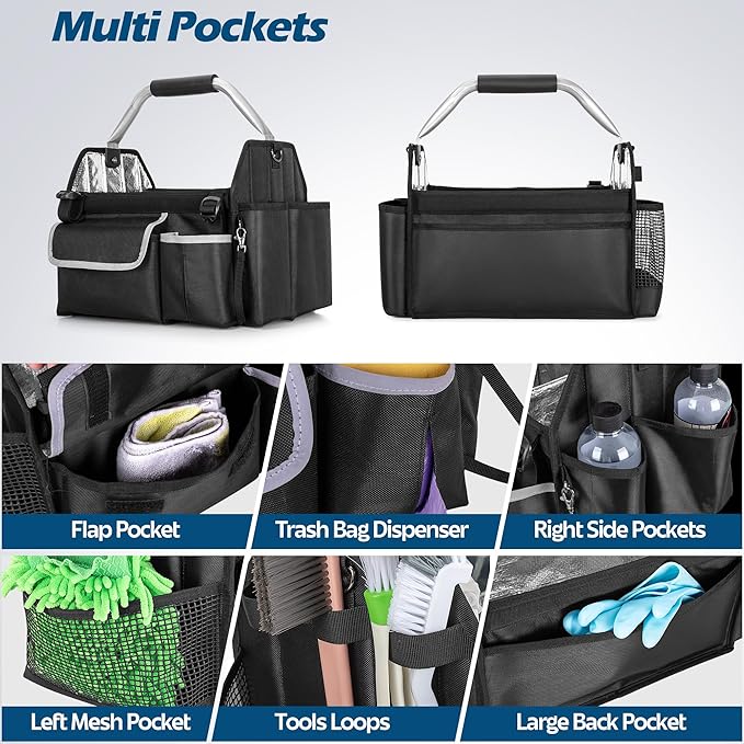 Wearable Detailing Caddy, Quick Load Collapsible Car Care Bag with Handle & Shoulder Strap, Detail Carry Organizer with Multi Pockets for Auto Cleaning Supplies & Vehicle Wash Tools, Bag Only