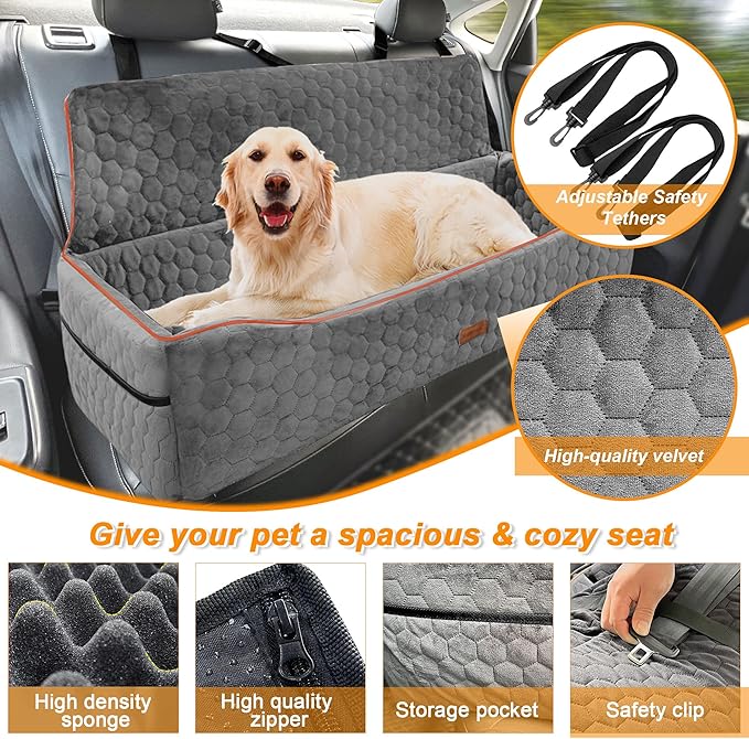 Dog Car Seat for Large Dog Under 100LBS,Pet Booster Back Seat Removable Washable Pet Travel Safety with Safety Tethers & Storage Pocket (Gray)