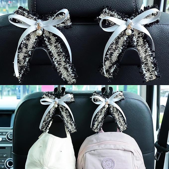 Amooca Car Seat Headrest Hook Cute Bowknot Vehicle Hanger Car Storage Organizer for Handbag Purse Coat Grocery Bag Black Grey