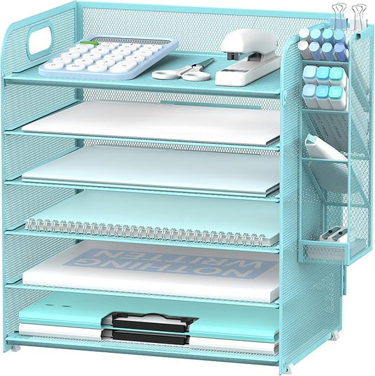 SUPEASY 6 Tier Paper Organizer with 4 Pen Holders, Mesh Letter Tray with Handle, A4 File Organizer, Blue